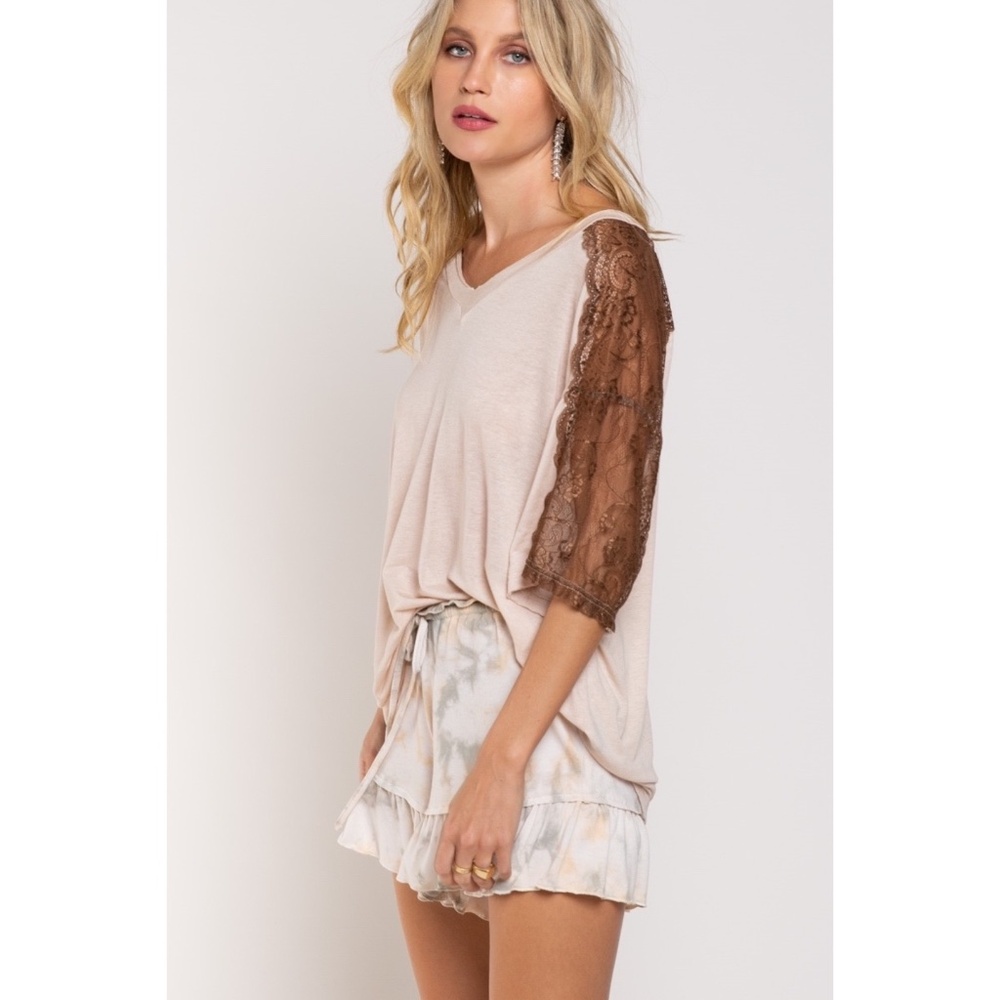 POL Beige Lace Detail Half Sleeve Oversized Tee - Picture 2 of 6